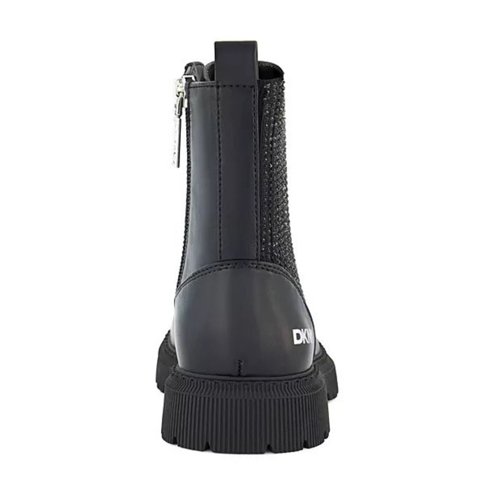 DKNY Kids Black Ava Menia Combat Boots Rhinestone Cuff Side Zip Lace Up Sz 2 NEW - Picture 14 of 15